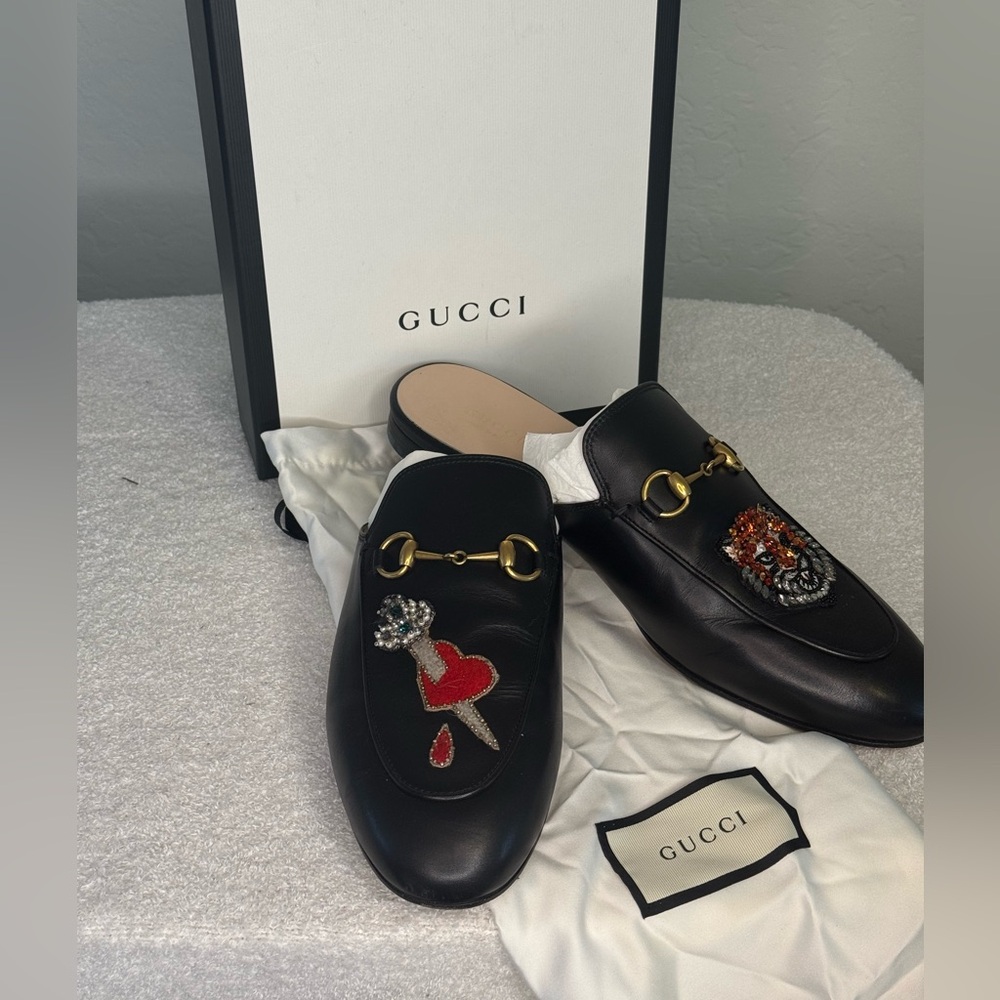 Gucci Black Leather Mules with Gold and Red Embroidery/Embellishment 9.5-10